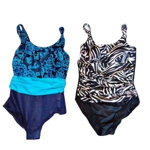 Two Plus Size Swimsuits Blue Floral and Zebra Print Bathing Suits Size 14